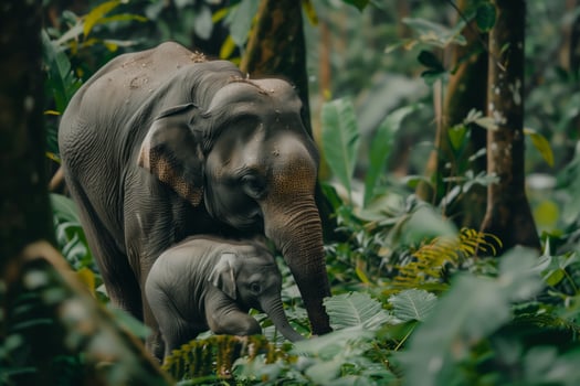 An elephant and her baby walk through the jungle photo