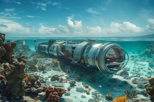 A submarine is underwater in the ocean photo