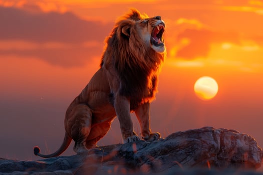 The lion is roaring at the sunset photo
