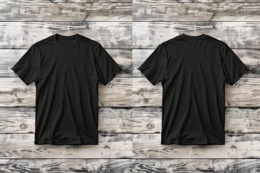Black T Shirt Mockup Displayed on Wooden Background photo