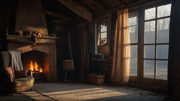 A cozy interior with a fireplace, soft lighting, and a chair, evoking warmth and comfort. photo