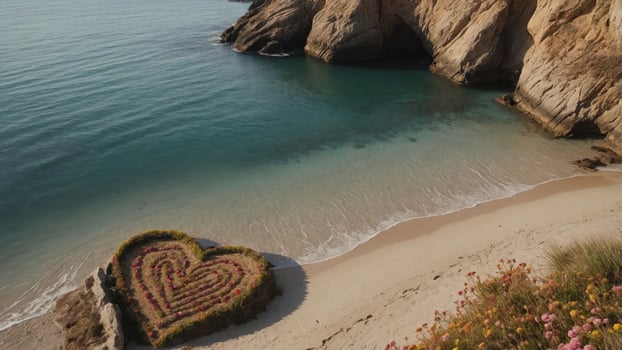 A heart-shaped floral arrangement on a serene beach with rocky cliffs and calm waters. photo