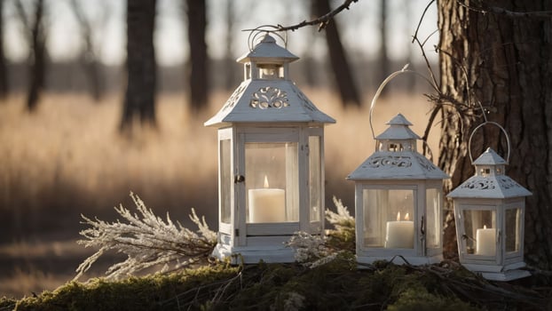 Three white lanterns with candles, set against a serene natural background. photo