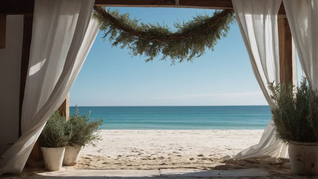 A serene beach view framed by flowing curtains and greenery, evoking relaxation and tranquility. photo