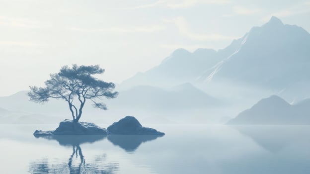 A lone tree is standing on a rock in the middle of a lake photo