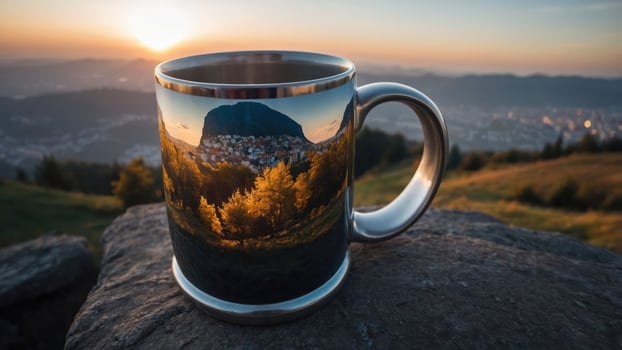 A reflective mug sits on a rock, capturing a scenic sunset landscape. photo