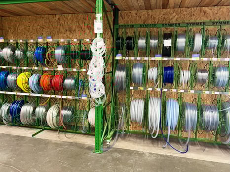 Kyiv, Ukraine - January 03, 2025 Organized display of various cables and wires on green reels in a store photo