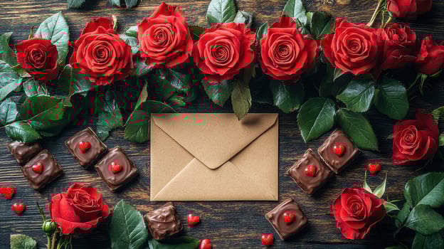 A romantic Valentine's Day arrangement of vibrant red roses, heart-shaped chocolates, and a kraft envelope on rustic wooden planks, exuding love, elegance, and heartfelt charm. photo