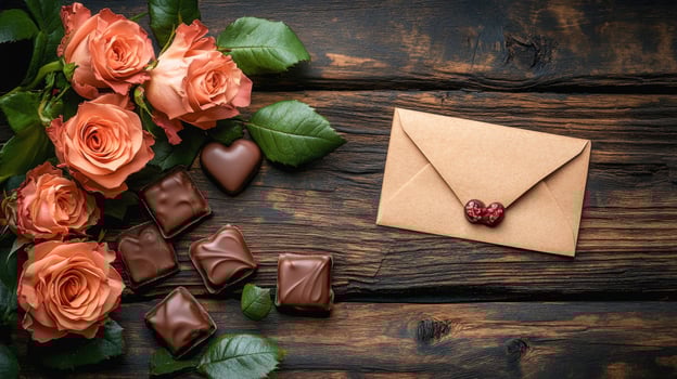 A romantic setup featuring peach roses, heart-shaped chocolates, and a sealed kraft envelope on rustic wooden planks, embodying love, charm, and the essence of Valentine's Day celebrations. photo