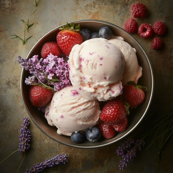 Artisanal ice cream with berries, flowers, and rustic natural elegance photo