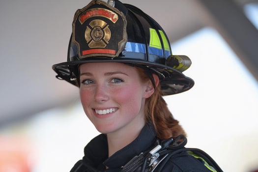 A woman wearing a fireman's hat photo
