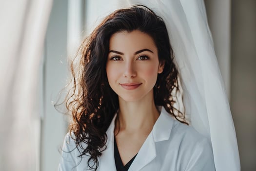 A woman in a lab coat standing in front of a window photo