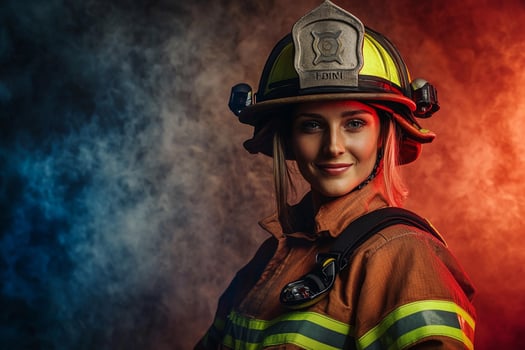 A woman in a fireman's uniform posing for the camera photo