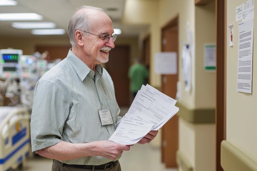 A man in a hospital hallway holding papers photo