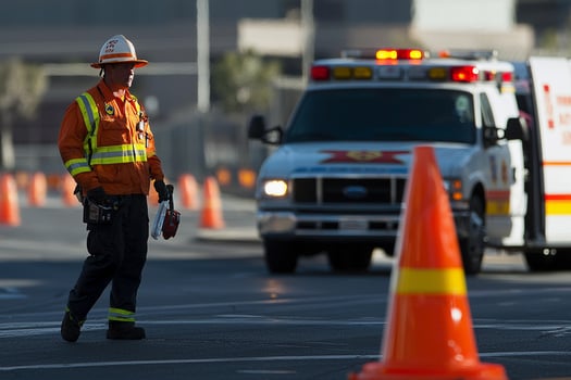 A man in orange safety gear standing next to a truck photo