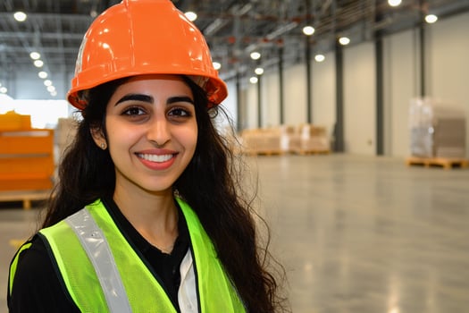 A woman wearing an orange hard hat and safety vest photo