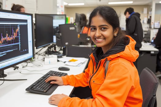 A young woman in an orange jacket sitting at a desk with two computers photo
