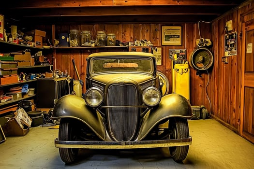An old car in a garage photo