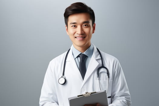 Asian male doctor holding clipboard and smiling photo