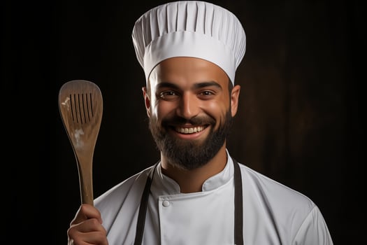 A man with a beard and a chef hat holding a wooden spoon photo