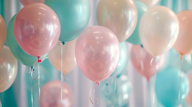 Many balloons are hanging from a wall photo