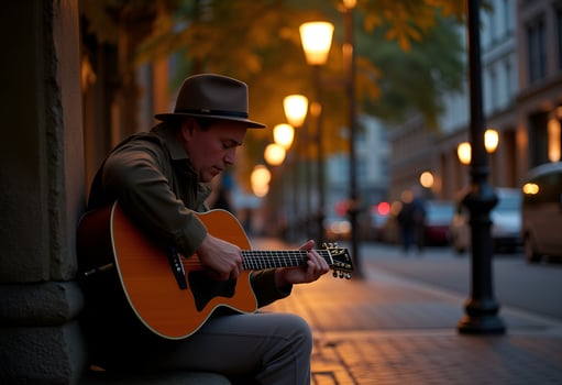 A street musician plays his guitar under soft lamplight, creating a peaceful moment in the quiet city evening. . photo