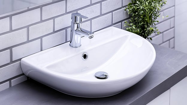 Modern white sink with a sleek faucet against a tiled wall. photo