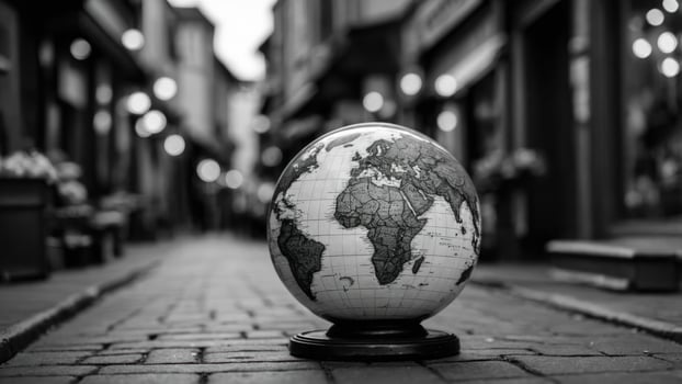 A monochrome globe sits on a cobblestone street, highlighting geography and exploration. photo