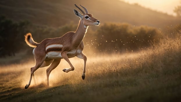 A graceful antelope leaps through a sunlit meadow, capturing the essence of wildlife. photo