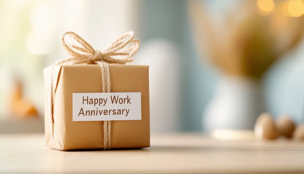 Beautifully wrapped gift box with label saying Happy Work Anniversary, perfect for celebrating milestones and achievements in workplace photo