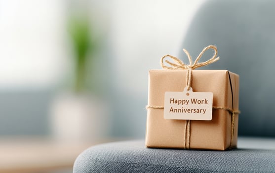 gift box wrapped in gold paper with Happy Work Anniversary tag, symbolizing celebration and appreciation photo