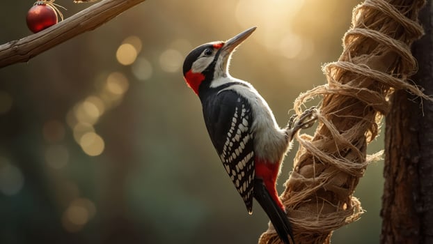 A woodpecker clings to a rope with a festive ornament in a sunlit forest setting. photo