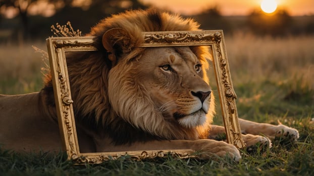 A lion rests with a decorative frame, blending nature and art at sunset. photo