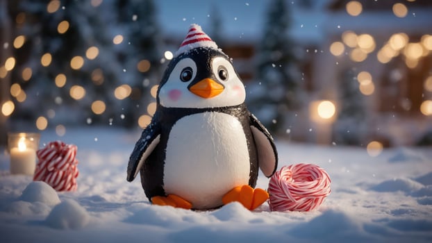 A cute penguin figurine sits in the snow, surrounded by candy canes and festive lights. photo