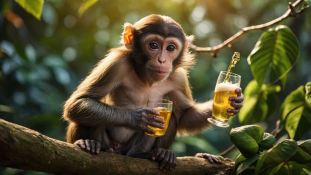 A monkey holding two glasses of beer while perched on a tree branch in a lush environment. photo