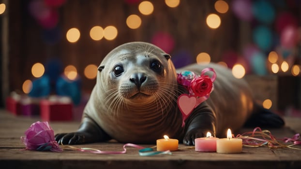 A cute seal adorned with flowers and candles, set against a festive background. photo