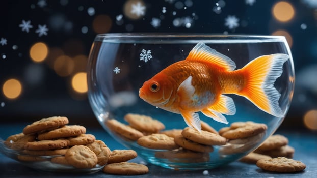 A goldfish swims in a bowl surrounded by cookies, creating a whimsical, festive scene. photo