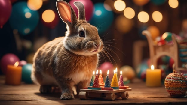A festive rabbit beside a cake with candles, surrounded by colorful decorations. photo