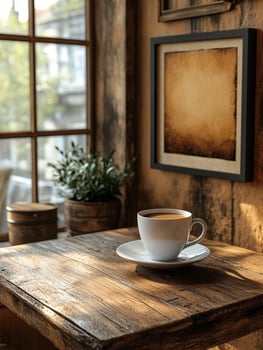 A coffee cup sits on a wooden table in front of a window photo