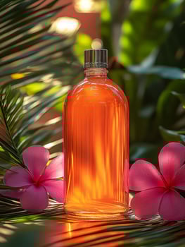 A bottle of perfume sitting on a table with flowers photo