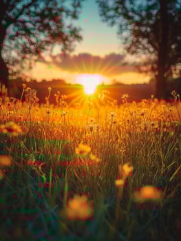 Sunset over a field of flowers photo