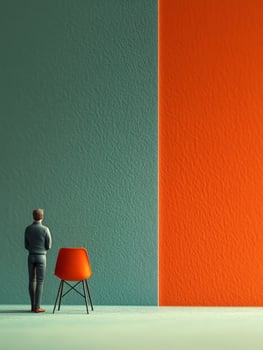 A solitary figure admires a vibrant orange wall beside a muted blue one, evoking contemplation. photo