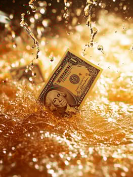 A dollar bill splashes into a brown liquid, symbolizing wealth and waste. photo