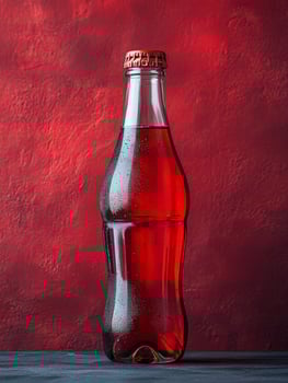 A glass bottle filled with a fizzy red beverage against a textured red background. photo