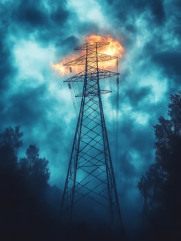 A power tower engulfed in flames against a moody, cloudy sky. photo