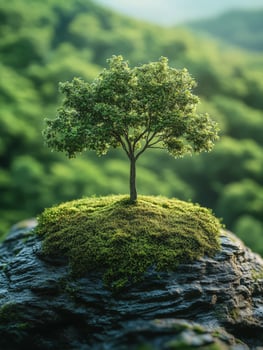 A solitary tree grows on a moss-covered rock amidst a lush green landscape. photo