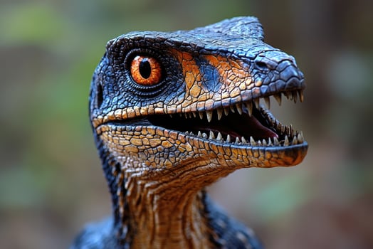 Velociraptor dinosaur roaring showing teeth and tongue in jungle photo