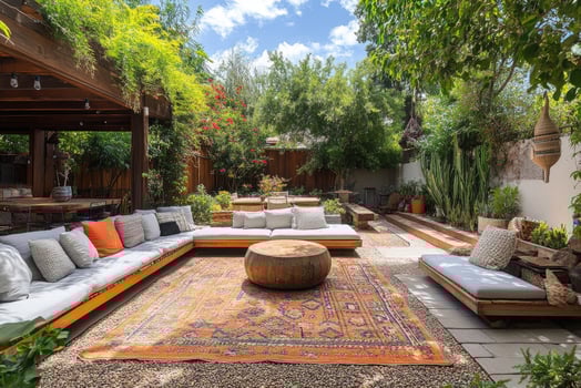 Relaxing bohemian garden with pergola, wooden sofa and carpet photo