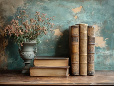 A vintage arrangement featuring books and a decorative vase with dried flowers. photo