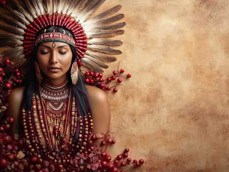 A serene portrait of a woman adorned with traditional jewelry and feathers against a textured background. photo